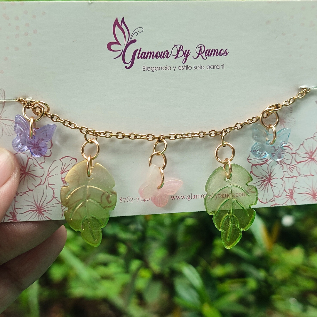 Pulseras de acero inoxidable con dijes de mariposas y hojas (GBR-PAI-HM-MIX)