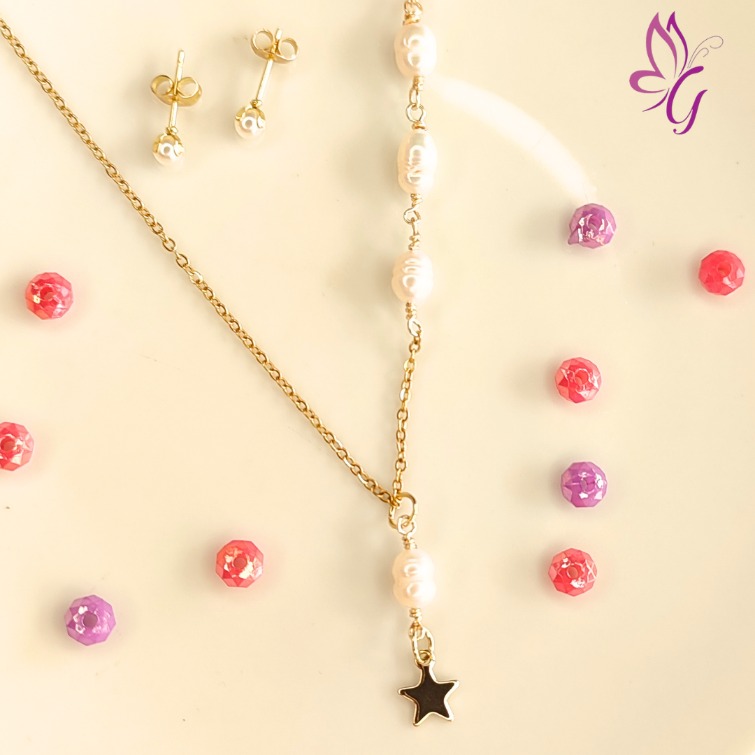 Conjunto de acero inoxidable con perlas de río y estrella (GBR-PEAR-R064-01)