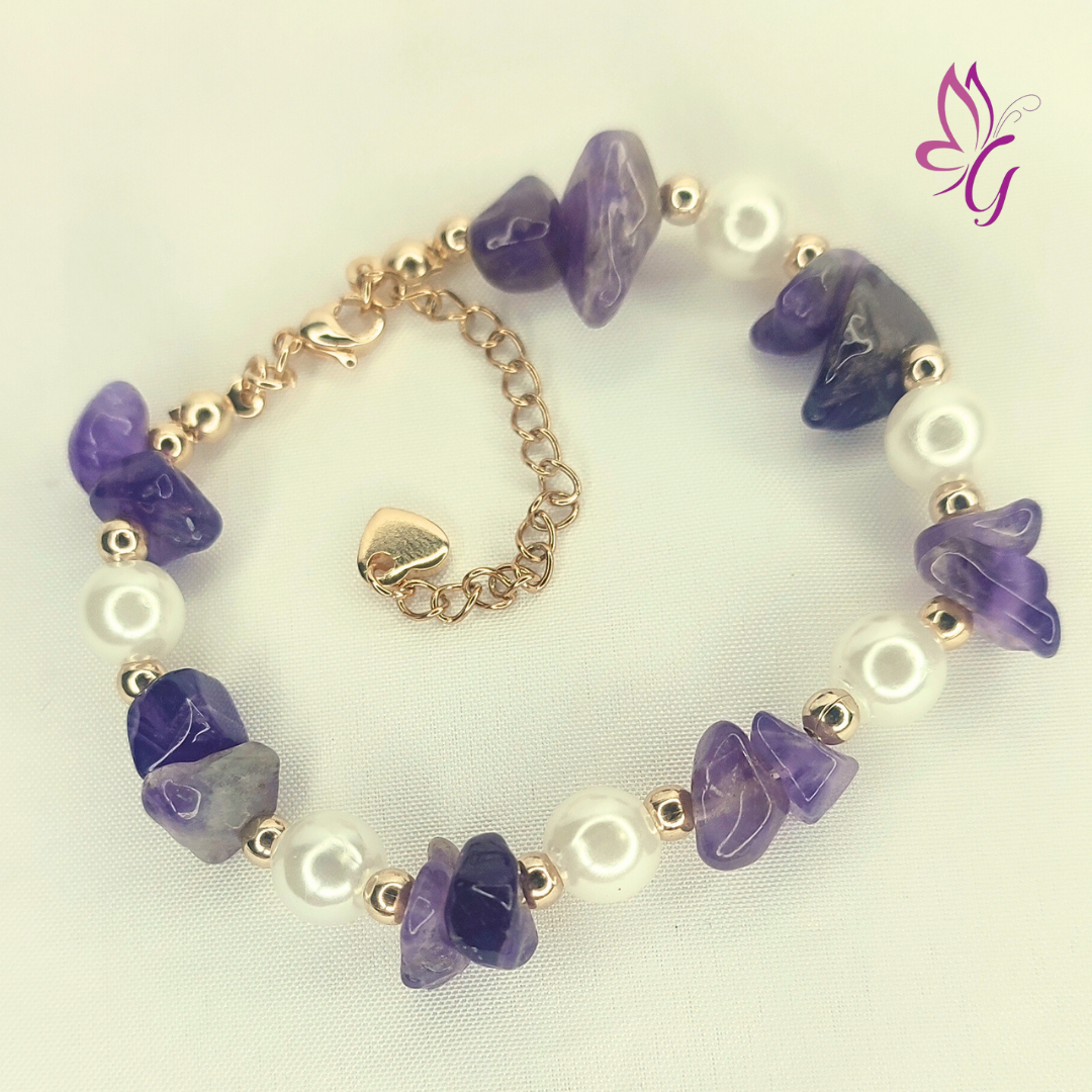 Pulsera de acero inoxidable con piedras amatista y perlas (GBR-STAS-H558-36G-AMA)