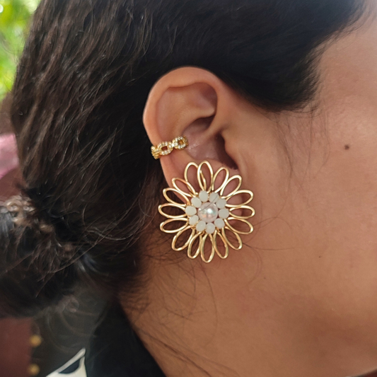 Aretes de tapón de corazón con cristales y perlas (GBR-COR-A-004)