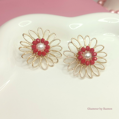 Aretes de tapón de corazón con cristales y perlas (GBR-COR-A-001)