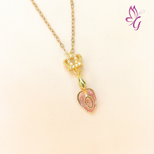 Collar de acero inoxidable con dije de corona y tulipan rosa (GBR-ZIRC-F069-22G-Q014-093G-06)